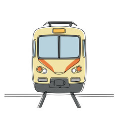 Train front view with colorful design on tracks  