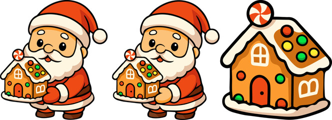 Festive santa celebrating in whimsical wonderland cute holiday cartoon collection featuring gingerbread house and joyful scenes