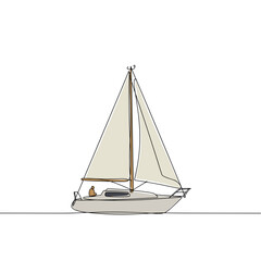 Sailboat with sails raised floating on calm waters in minimalist style  