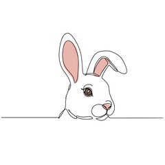 Line art of a rabbit head with prominent ears and expressive eyes  
