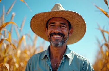Fototapeta premium Happy adult Latin farmer smiles widely in sunny corn field. Wears straw hat, light shirt. Man works outdoors cultivating maize crop. Truly enjoys harvest season, rural farm life under clear blue
