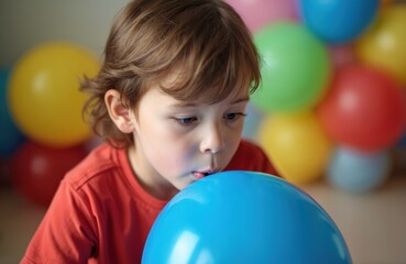 Young boy inflates blue balloon with determined focus. Colorful spheres surround him, creating festive party atmosphere. His effort builds anticipation for celebration and fun.