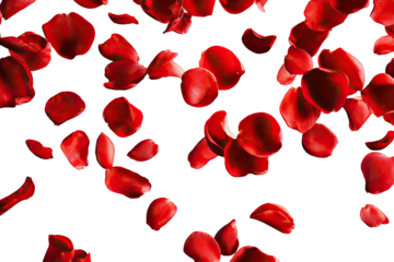 Scarlet rose petals cascade against a stark black background, creating an elegant and romantic visual