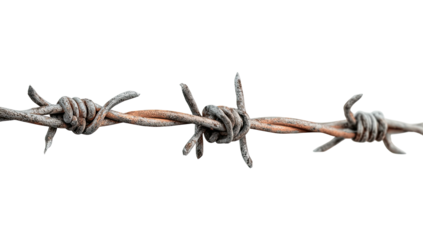 A close-up captures the sharp, metallic barbs of a strand of barbed wire