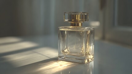 Elegant glass bottle of fragrance rests, illuminated by soft sunlight and shadows, with a golden-colored top against a diffused background, creating a luxurious and aesthetic composition.