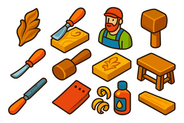 Carving Craft Icons. Isometric vector illustration set Carving Craft Icons: woodcarving, chisel, detail, artisan, carving knife,