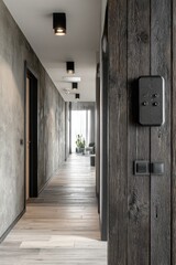 Long hallway with textured walls, dark doors, and wooden paneling. Modern lighting. View of living space