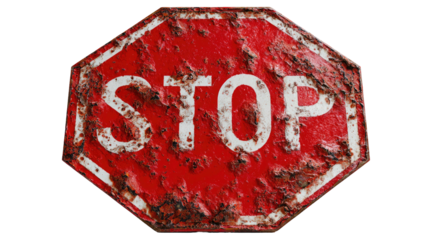 Weathered, octagonal street sign, rusted surface, bold white letters on a crimson red background