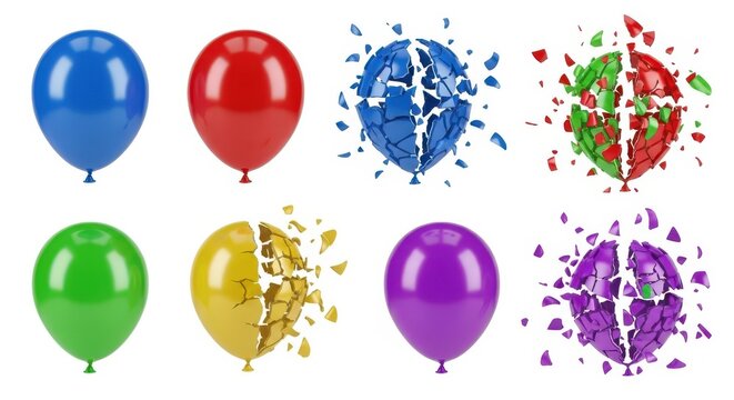 Colorful Balloons in Various States Exploded and Intact on White Background - Powered by Adobe
