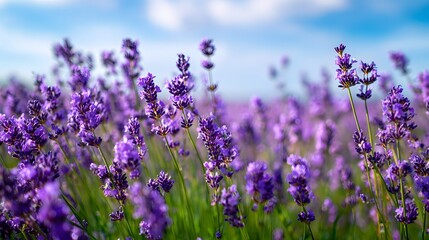 Naklejka premium Vivid photograph captures a field of vibrant purple flowers in full bloom, illuminated by soft sunlight against a backdrop of a bright blue sky with wispy white clouds, creating a tranquil and...