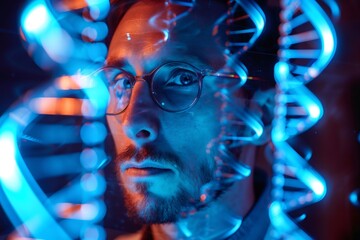 Scientist researching dna genetics illuminated by blue light