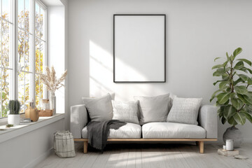 Fototapeta premium mock up poster frame in modern interior background, living room, Scandinavian style, 3D render, 3D illustration