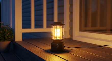 Outdoor patio lantern glowing at dusk on wooden deck.