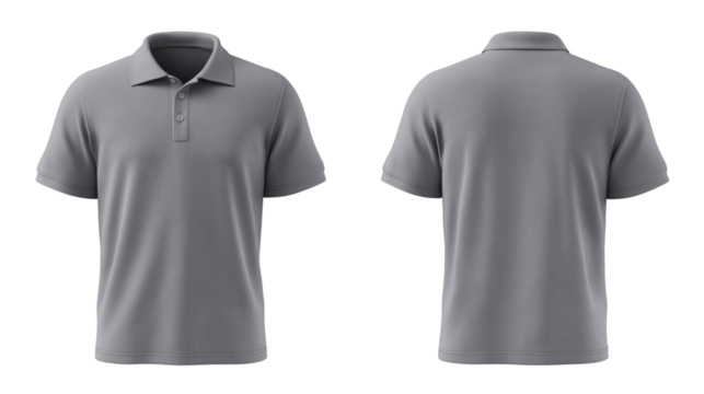 Grey polo shirt mockup front and back view isolated on white background for brand presentation
