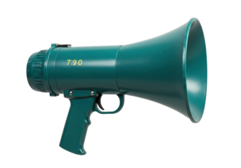 Green megaphone isolated, handheld bullhorn public address system for announcements and emergency situations PNG
