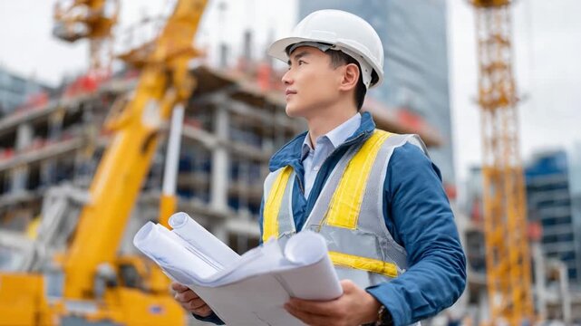 Construction Visionary: A focused engineer surveys the unfolding construction site, clutching detailed blueprints and embodying the core essence of innovation and diligence in the field.