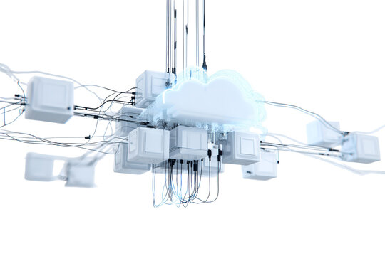 Abstract digital cloud network with glowing data nodes and complex connections
