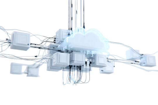 Abstract digital cloud network with glowing data nodes and complex connections