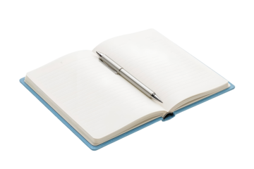 Open light blue notebook with silver pen on lined pages isolated on a transparent background