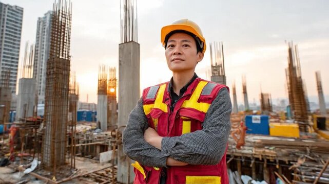 Construction Architect Portrait: A confident architect stands at the construction site, with arms crossed, embodying expertise and vision for the structure. Capturing the essence of planning.