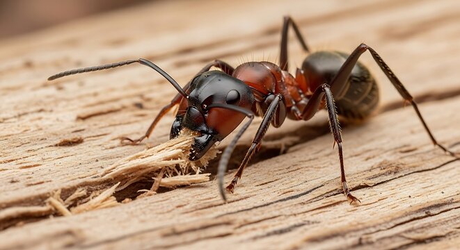 Close-up of a Carpenter Ant on Wood Surface.