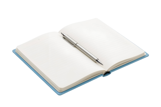 Open light blue notebook with silver pen on lined pages isolated on a transparent background - Powered by Adobe