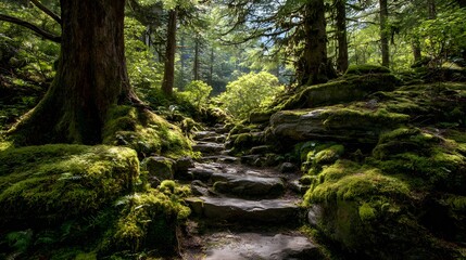 Ancient trees and moss-covered rocks line a stone pathway, illuminated by dappled sunlight filtering through a lush, green forest canopy, creating a serene and peaceful natural landscape scene.