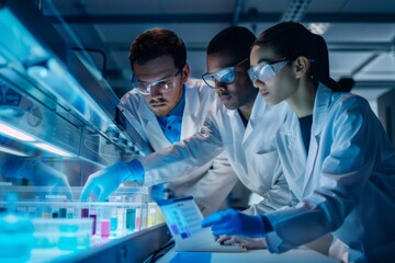 Diverse team of scientists conducting medical research in a lab