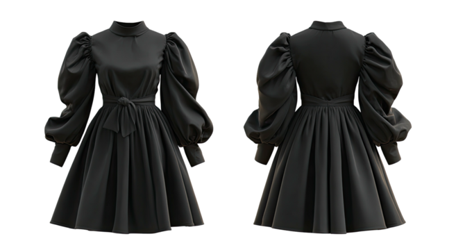 A dark, elegant, short-sleeved dress, front and back view, with a high collar and puffed sleeves