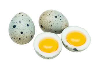 Speckled quail eggs isolated on transparent background, hard boiled and cut in half to show the yolk, healthy food ingredient