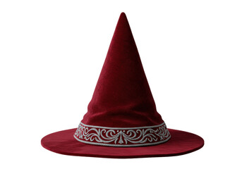 Burgundy velvet wizard hat isolated on transparent background, magical headwear for Halloween costume and fantasy role-playing games