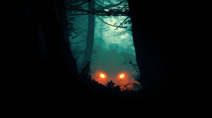Fototapeta premium Forest scene depicts a mysterious atmosphere within a deep, dark woodland, with glowing orange eyes staring intensely from the shadowy undergrowth, creating an ominous and unsettling ambiance.