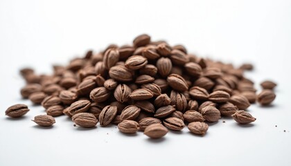 Fototapeta premium Pile of brown seeds isolated on white surface. Close-up photo of lot organic seeds. Seeds ready for planting in agriculture. Food ingredient in studio.