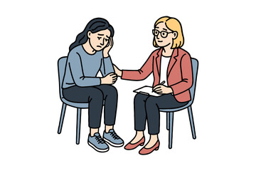 Obraz premium A female therapist supports a sad woman during a counseling session, hand-drawn style, white background, concept of mental health and empathy
