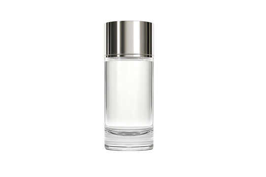 Elegant minimalist clear liquid bottle with sleek silver cap, perfect for modern skincare or luxury beverage branding