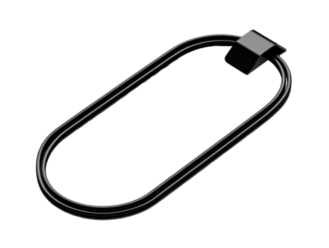 A minimalist, abstract graphic featuring a looping, oval design in a sleek, metallic tone