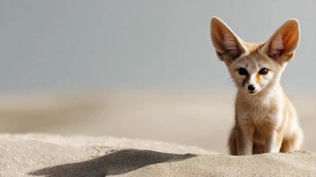 A fennec fox with oversized ears curiously explores a sandy desert landscape, showcasing its unique features and the beauty of wildlife in natural habitats.