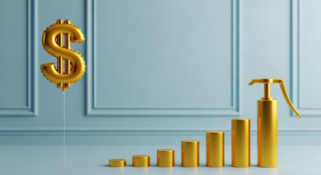 Golden dollar sign balloon and rising bar graph with pump symbolizing financial growth