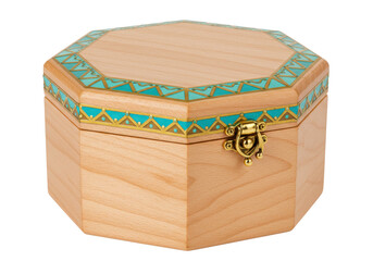 Octagonal wooden box with turquoise and gold trim isolated on white, decorative container for...