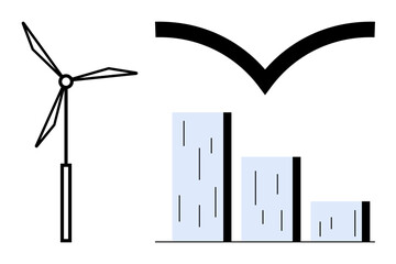 Wind turbine next to bar graph and bird silhouette representing renewable energy, clean technology, nature conservation, green growth, environmental progress, sustainability goals, and eco-awareness