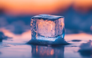 A single melting ice cube reflects warm sunset hues, creating a mesmerizing contrast between cold and warm elements in a serene setting