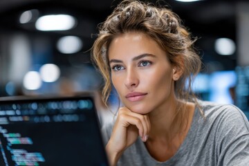 Obraz premium Focused woman coding in a modern office environment during daytime hours
