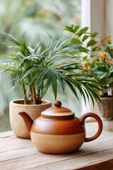 Fototapeta premium Earthenware teapot on wood table with plants