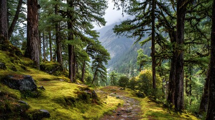 Fototapeta premium Scenic view of a lush, green forest with moss-covered ground and tall trees, a winding path leads into a mountainous landscape, creating a serene and tranquil atmosphere with natural light.