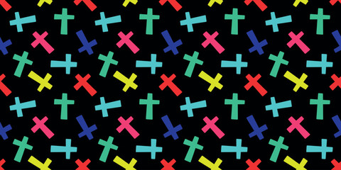 Seamless pattern with colorful crosses on a black background. Vector illustration