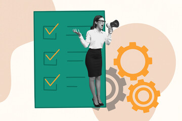 Sketch art image poster 3d banner collage of angry boss businesswoman scream megaphone tab checkmark gearwheel pressure riot