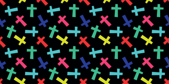 Seamless pattern with colorful crosses on a black background. Vector illustration