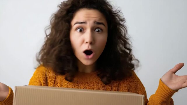 A joyful woman expresses excitement and surprise as she opens a box, showcasing her thrill and elation over the unexpected gift that has arrived.