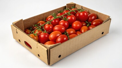 Freshly harvested red tomatoes in cardboard box ready for sale