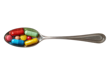 A close-up of various colored capsules and pills neatly arranged in a shiny, silver spoon